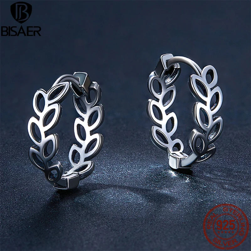 BISAER 925 Sterling Silver Simple Hollow out Leaf Hoop Earrings Plants Ear Buckles For Women Party Original Fine Jewelry Gift