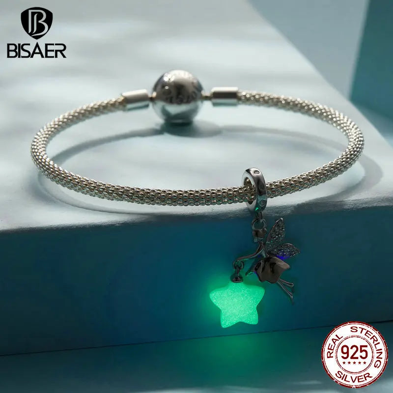 BISAER 100% 925 Sterling Silver Magical Fairy Charms Beads Luminous Star Pendant Fit Woman DIY Bracelet Necklace Fine Jewelry