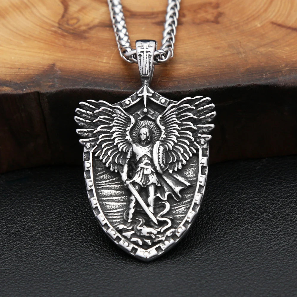 New Vintage Stainless Steel Stain Michael Pandent Necklaces Fashion Punk Angel Wings Necklace For Men Women Amulet Jewelry Gifts