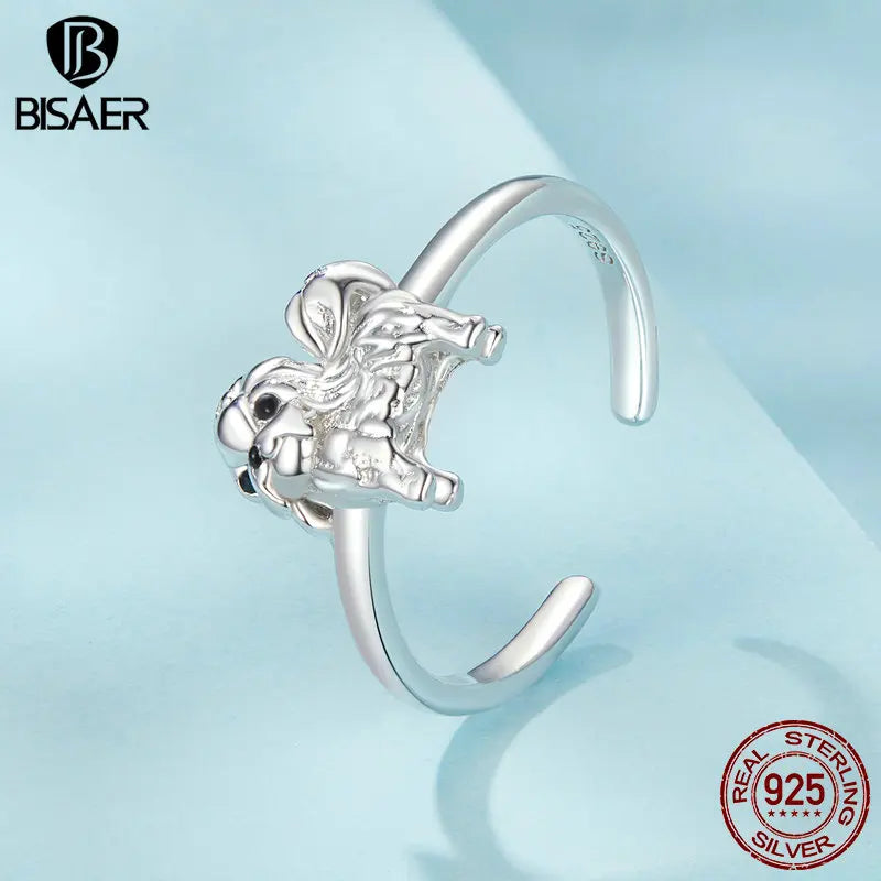 BISAER 925 Sterling Silver Shih Tzu Open Ring Pet Dog Band Adjustable Plated White Gold for Women Party Fine Jewelry ECR1073