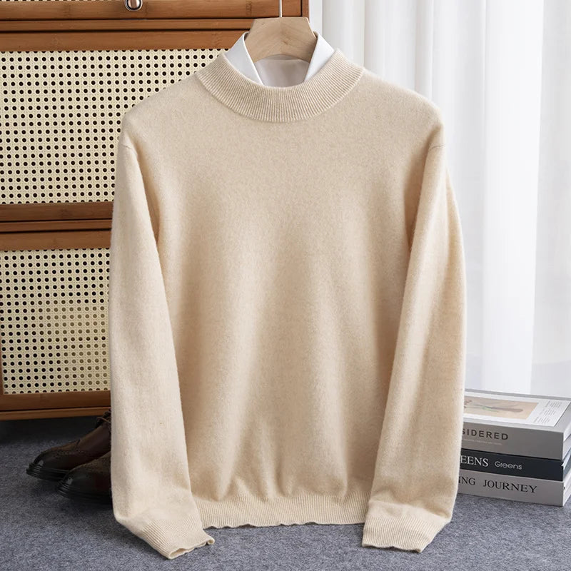 New Fashion Men's 100% Wool Pullover Half-high Collar Sweater Autumn Winter Warm Solid Color Knit Sweater Business Casual Top