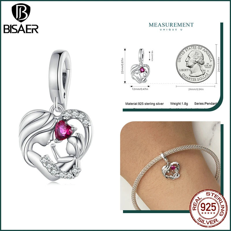 BISAER 925 Sterling Silver Family Heart Charms Beads Mom Dad Pendant for Women DIY Bracelets Necklace Mother's Day Jewelry Gift