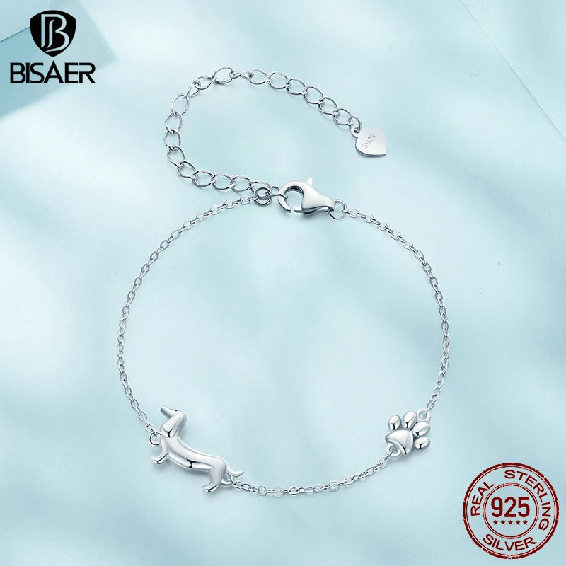 Pulsera BISAER 100 % de plata de ley 925 con forma de perro salchicha, brazalete chapado en platino para mujer, joyería fina para fiestas ECB262