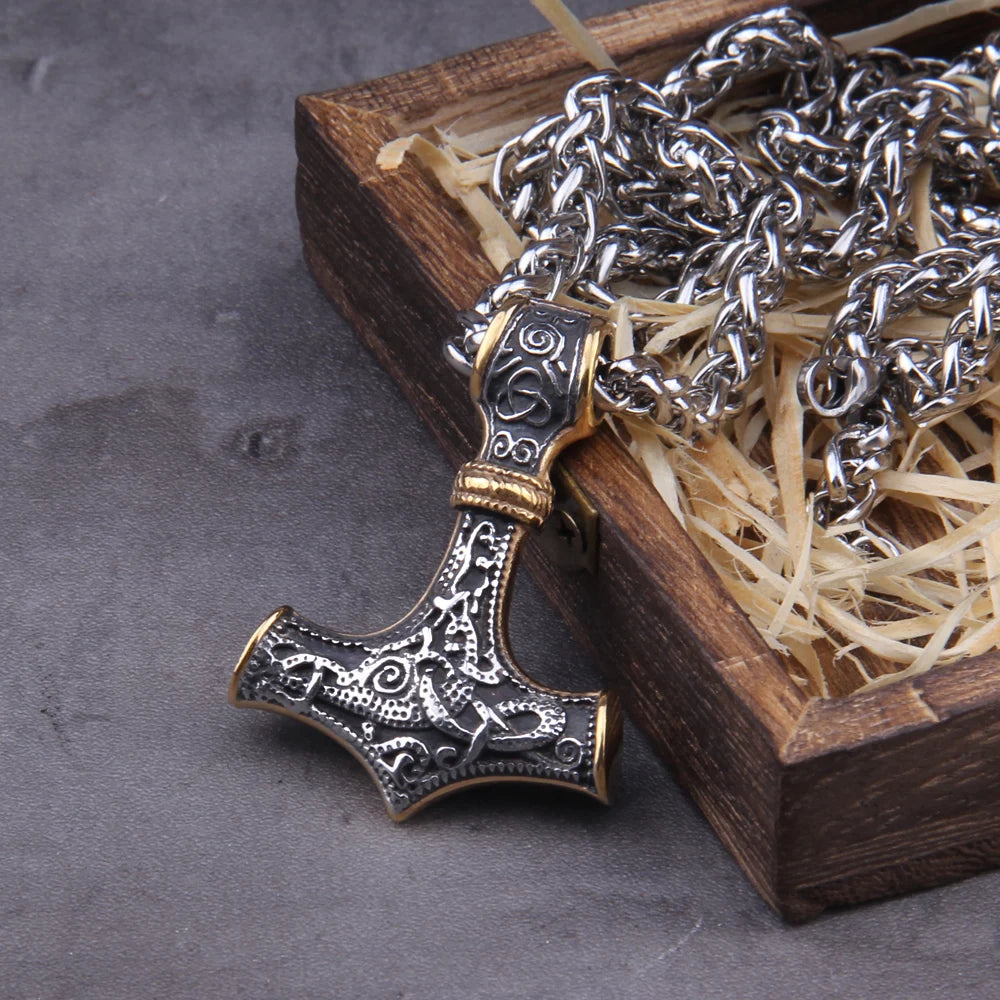 Fashion Valknut Viking Thor's Hammer Pendant Necklace With keel Chain As Men Gift with wooden box