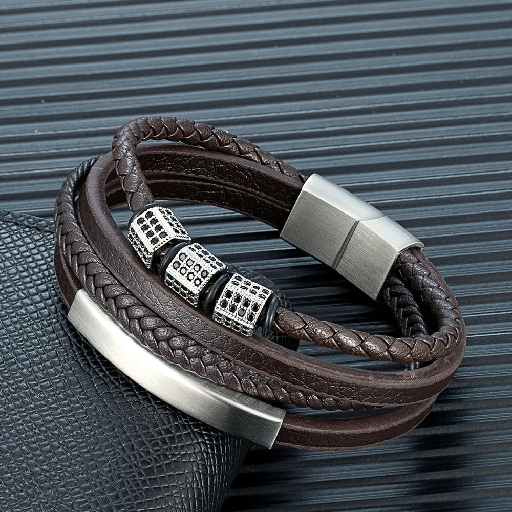 MKENDN Luxury Cubic Zircon Leather Braided Stainless Steel Magnetic Buckle Bracelet for Man Woman Daily Wear Jewelry Gift