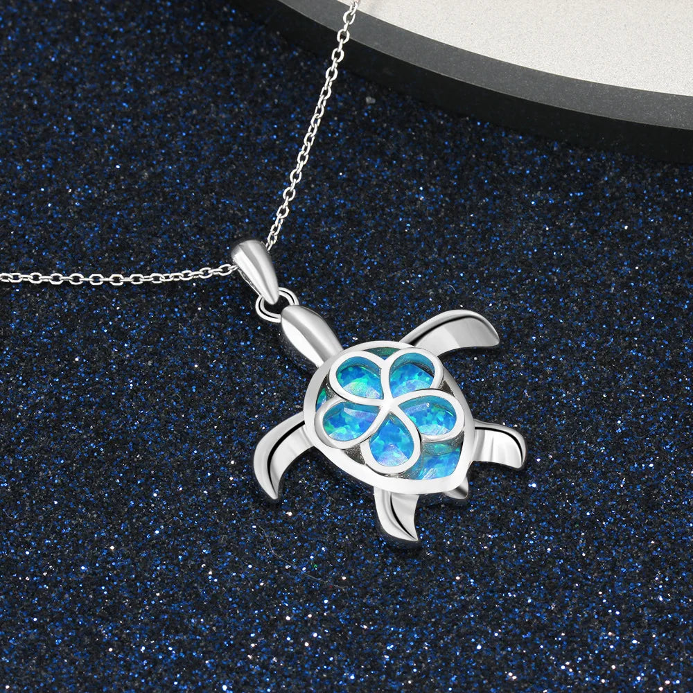 Bohemia Cute Turtle Pendant Necklace For Women Inlay Blue Imitation Opal Necklace Wedding Party Jewelry Christmas Gifts for Her