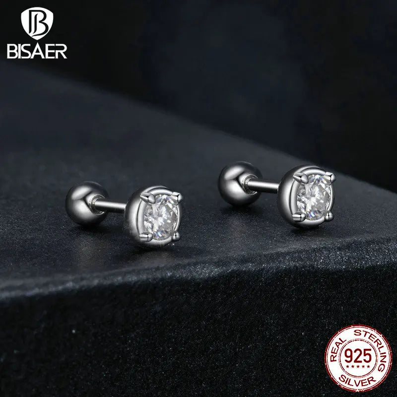 BISAER Exquisite Moissanite Ear Earrings 925 Sterling Silver Mini Round Hypoallergenic Classic Stud Ear Engagement Jewelry Gift