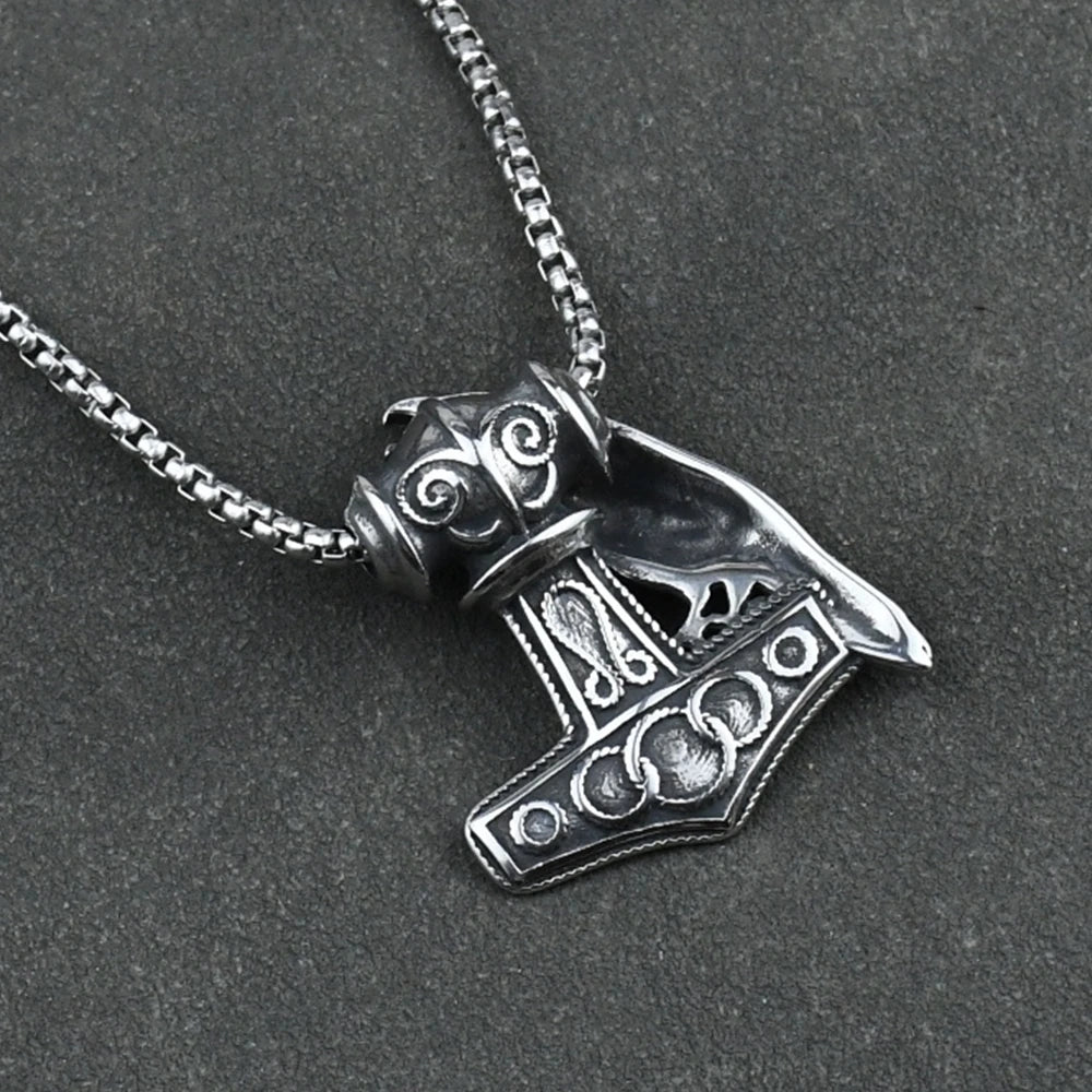 Vintage Odin's Symbols Raven Necklaces Men Punk Stainless Steel Thor's Hammer Mjolnir Pendant Norse Runes Vikings Jewelry