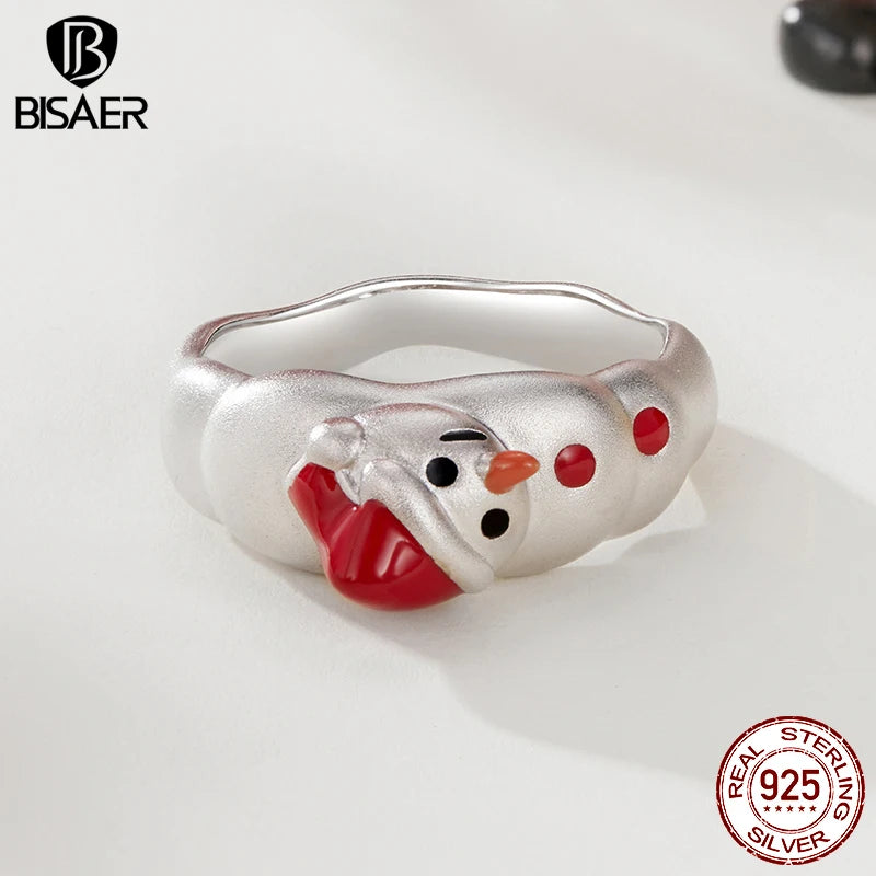 BISAER 925 Sterling Silver Christmas Snowma Ring Enamel Process Band Plated White Gold for Women Party Fine Jewelry Holiday Gift