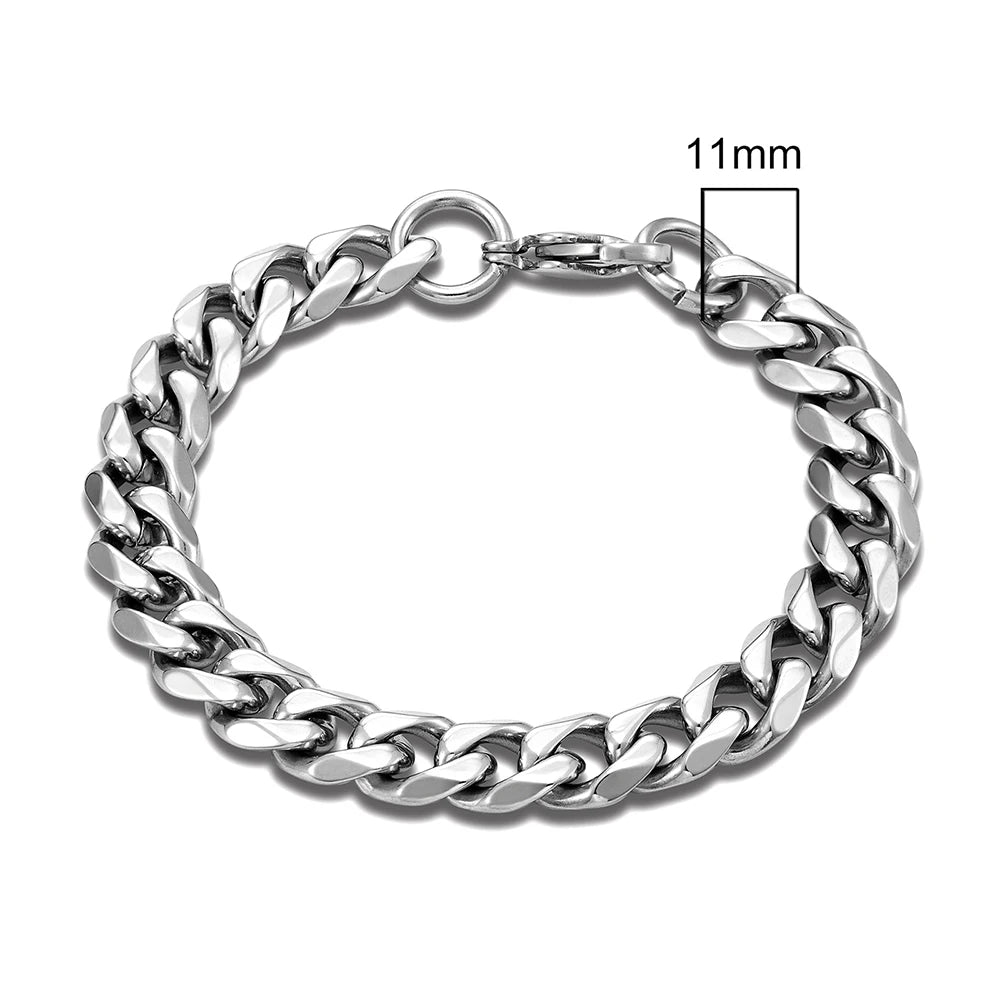 MKENDN 3-11mm Locomotive Men Punk Rock Stainless Steel Curb Cuban Link Chain Silver Color Bracelet For Women Biker Jewelry