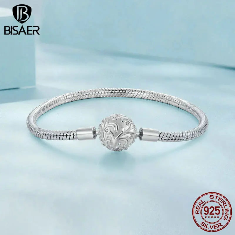 BISAER 925 Sterling Silver Retro Palace Pattern Basic Bracelet Round Bangle Fit Original Charms Bead DIY Jewelry Party Birthday