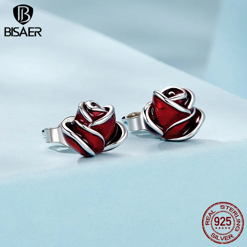 BISAER 925 Sterling Silver Red Rose Stud Earrings Enamel Process Ear Clip Plated White Gold For Women Original Fine Jewelry