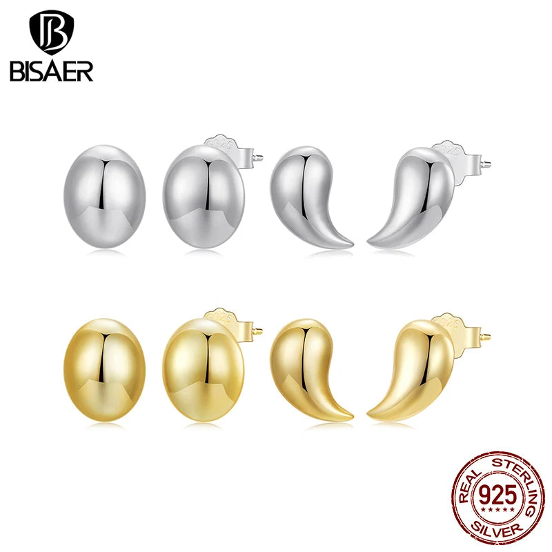 BISAER 925 Sterling Silver Teardrop Stud Earrings Gold Ball Hypoallergenic Earrings Plated 18K Gold for Women Party Fine Jewelry