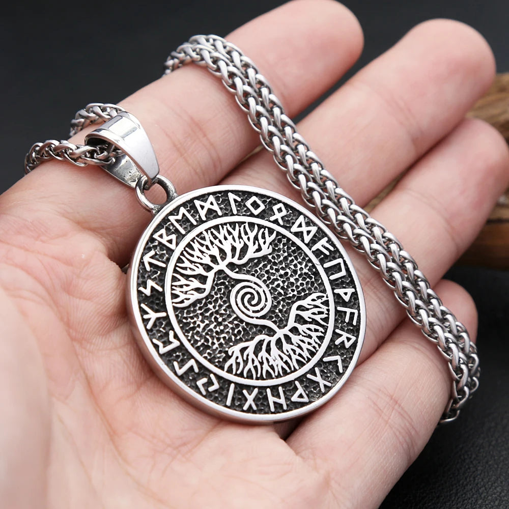 Classic Vintage Stainless Steel Viking Tree Of Life Necklace For Women Men Nordic Runes Pendant Amulet Scandinavian Jewelry Gift