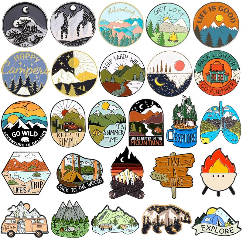 Outdoor Adventure Enamel Pin Wild Camping Hiking Mountain Starry Night Brooches Lapel Backpack Badge Jewelry Gifts For Friends