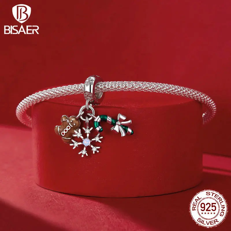 BISAER 925 Sterling Silver Christmas Tree House Charm Bead Bell Snowman Pendant Fit DIY Bracelet Jewelry Festive Christmas Gift