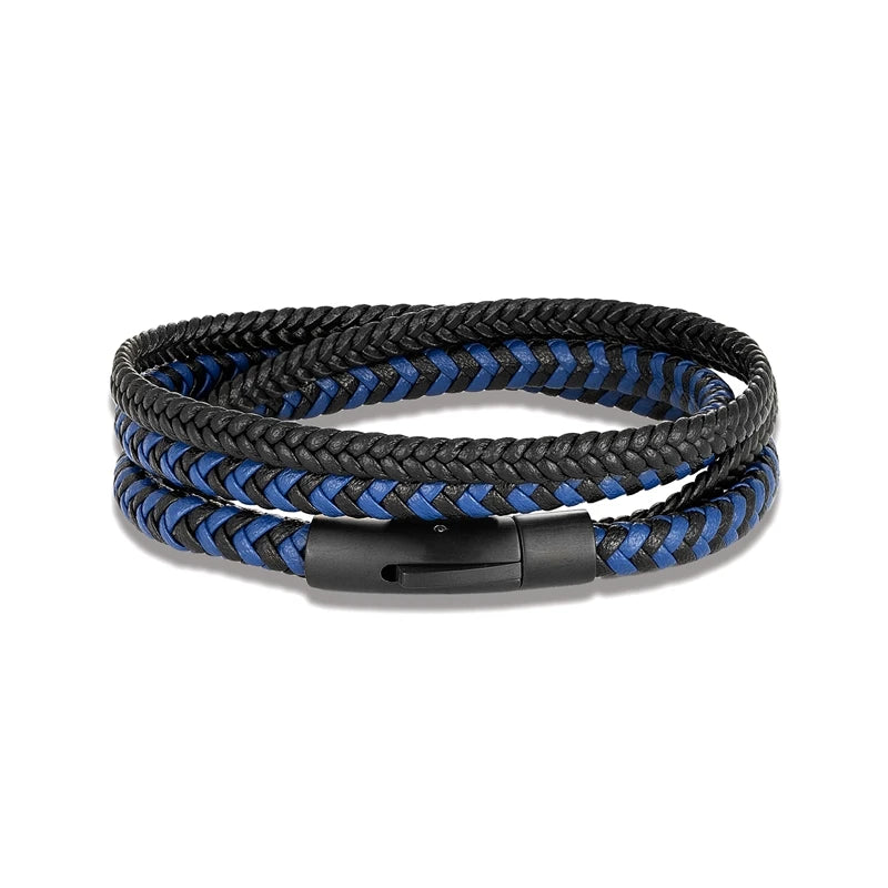 Bracelet en cuir double couche pour homme de style simple, bouton en acier inoxydable noir mat, accessoires, bijoux tissés à la main, cadeaux