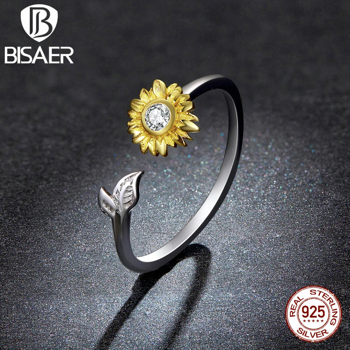 BISAER 925 Sterling Silver Sunflower Jewelry Set Plated 14k Gold Color Lucky Necklace Earring Gift for Women Fine Jewelry Gift