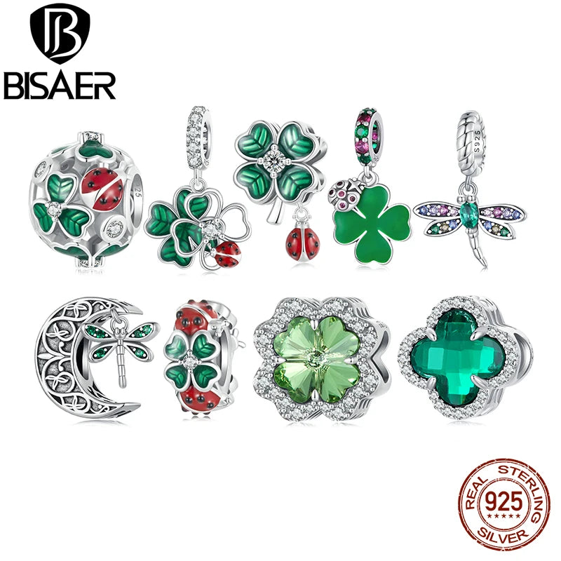 BISAER 925 Sterling Silber Vierblättriges Kleeblatt Charms Perlen Grün Emaille Marienkäfer Anhänger für Glücksbringer Frau DIY Armbänder Schmuck