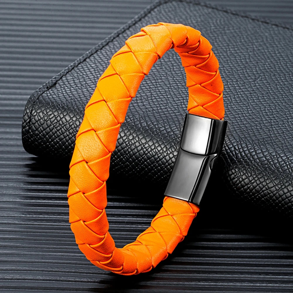 MKENDN Simple Style Men Women Braided Genuine Orange Leather Bracelet Black Stainless Steel Magnetic Buckle Bracelet Gifts Homme