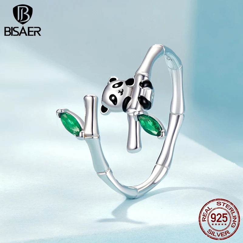 BISAER 925 Sterling Silver Cute Panda Bamboo Open Ring Enamel Adjustable Size 5-9 Band Plated Gold for Women Party Fine Jewelry