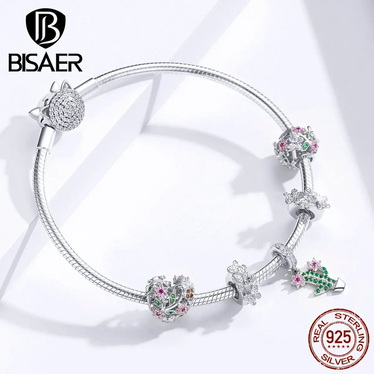 BISAER 925 Sterling Silver Dazzling Eternal Heart Charms Beads Fireworks Pendant For Romantic Women DIY Bracelets Fine Jewelry