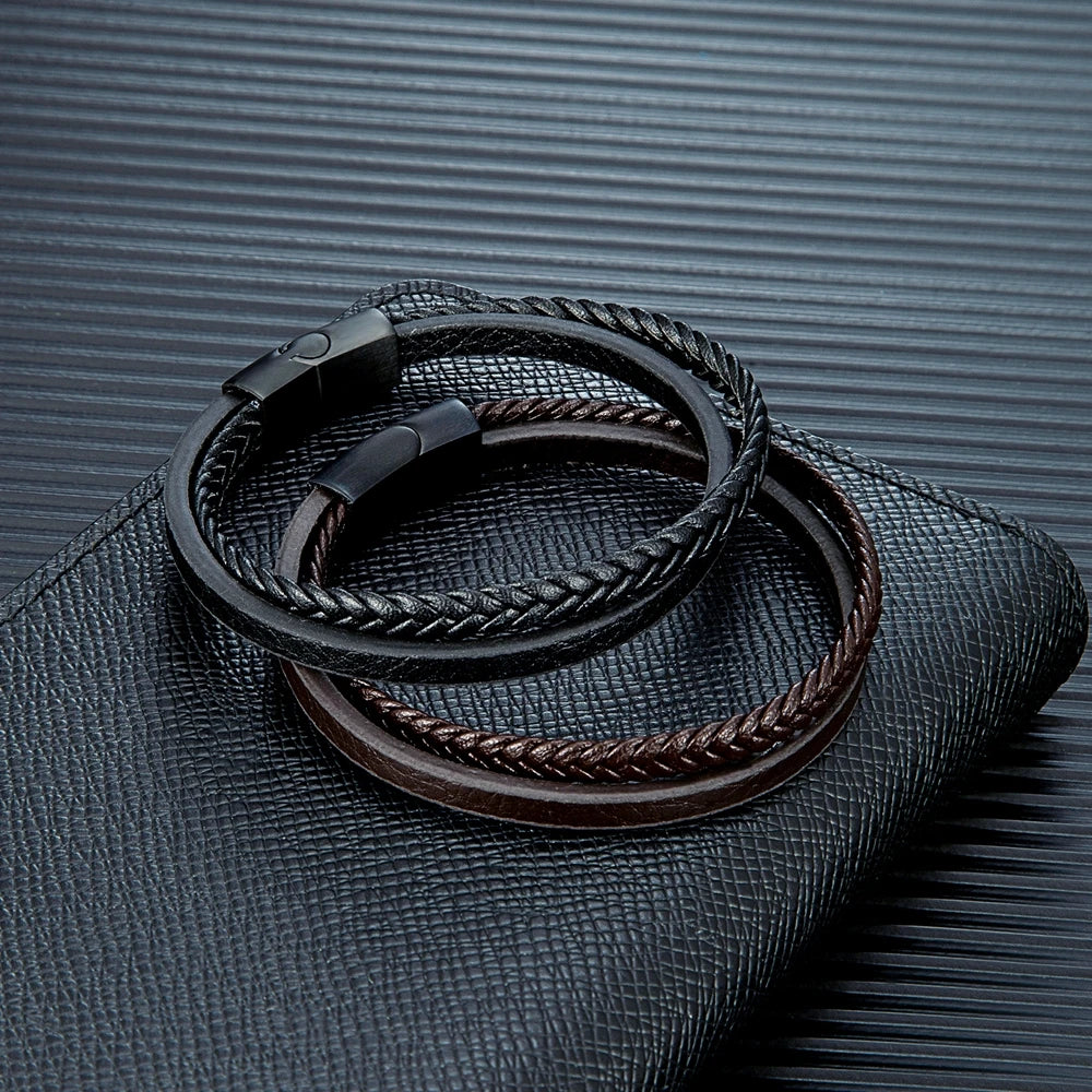 MKENDN Minimalist Men Double Strand Woven Leather Bracelet Matte Black Stainless Steel Buckle Accessories Handmade Jewelry Gifts