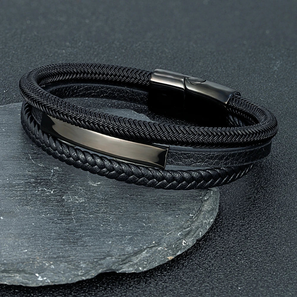 MKENDN Luxury Classic Men Braided Leather Jewelry No Fade Steel Wire Waterproof Rope Bracelet Punk Bracelet for Men Women Gifts