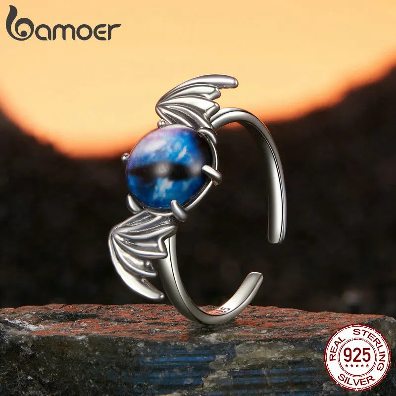 BAMOER Genuine 925 Sterling Silver Devil Eye Open Ring for Women Silver Finger Ring Fine Jewelry Halloween Birthday Gift BSR605