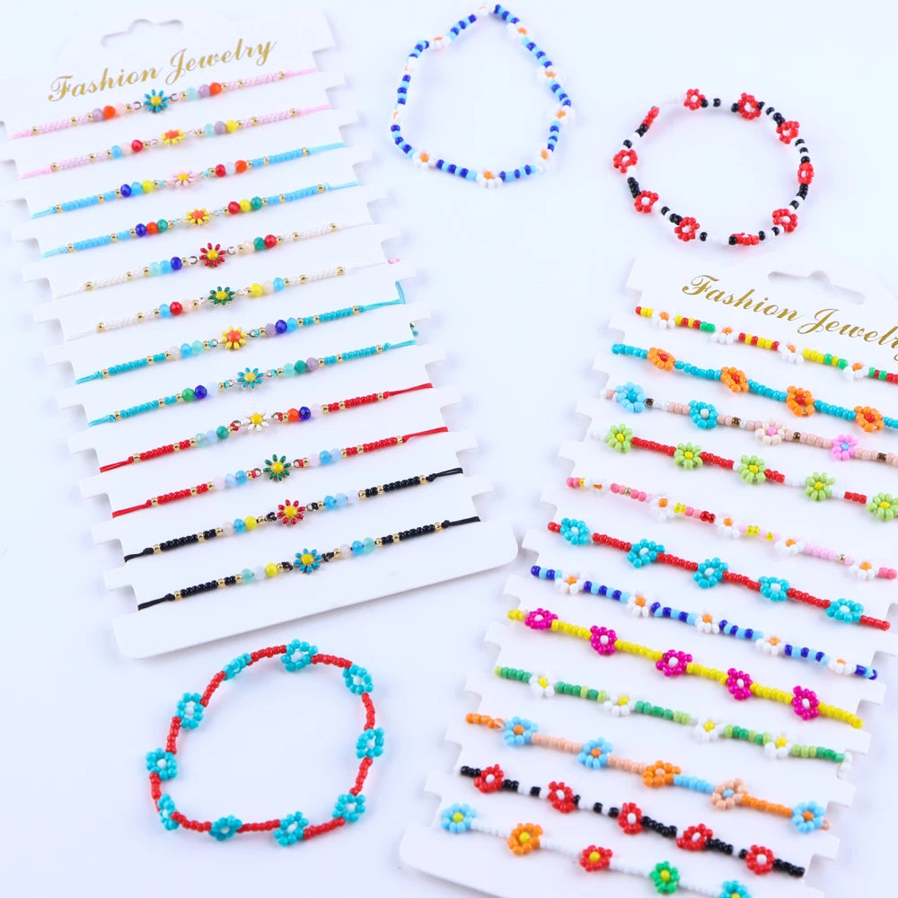 12Pcs/Lot Cute Daisy Flower Beaded Bracelet For Women Mix Color Handmade Elastic Stretch Wristband Bangle Jewelry