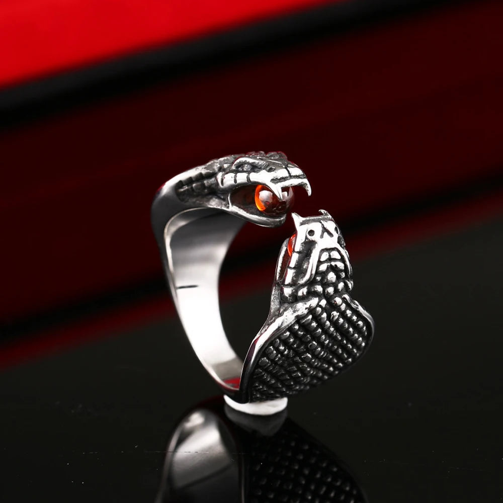 Punk Red Stone Animal Snake Ring For Men Women Gothic King Cobra Opening Adjustable Ring Stainless Steel Jewelry Gift Wholesale