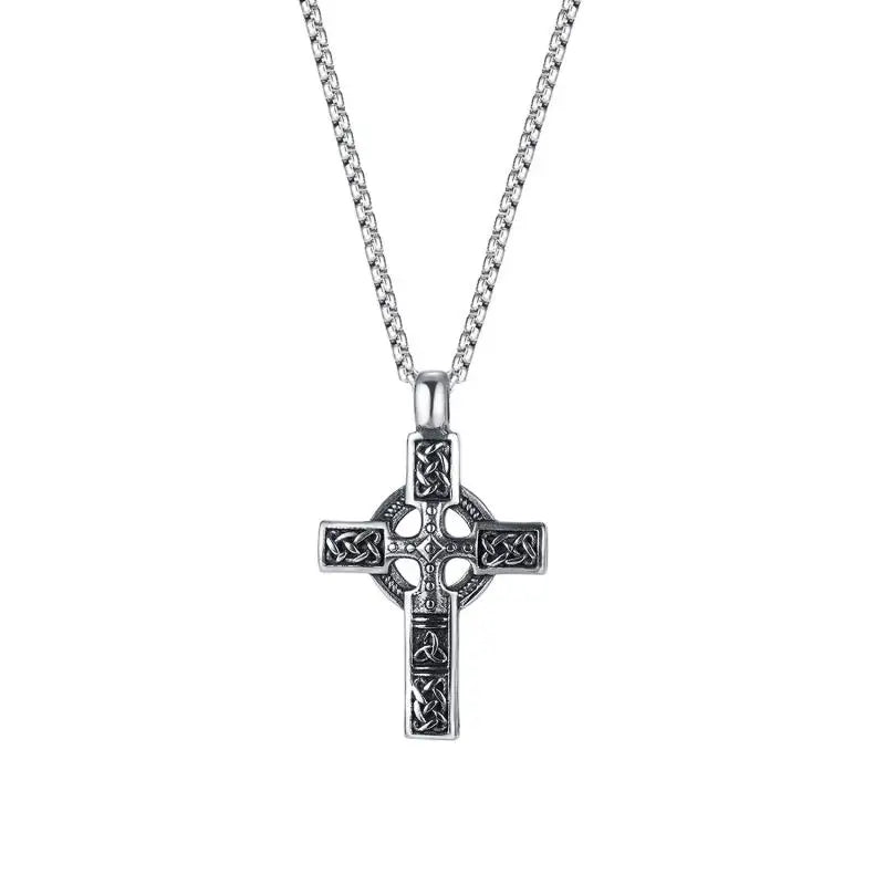 Vintage Nordic Celtic Knot Pattern Cross Necklace Pendant for Men Stainless Steel Chain Jewelry Amulet Necklace Wholesale