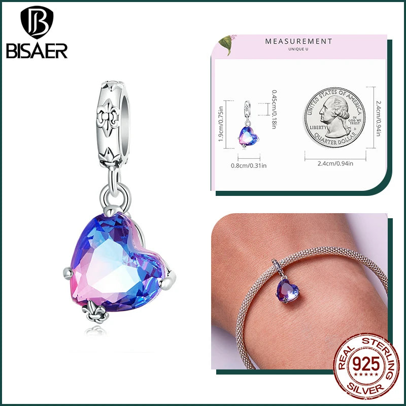 BISAER 925 Argent Sterling Entrelacé Coeur Charm Perle Phoenix Fleur Pourpre Soleil Pendentif Fit Femmes DIY Bracelet Fine Bijoux