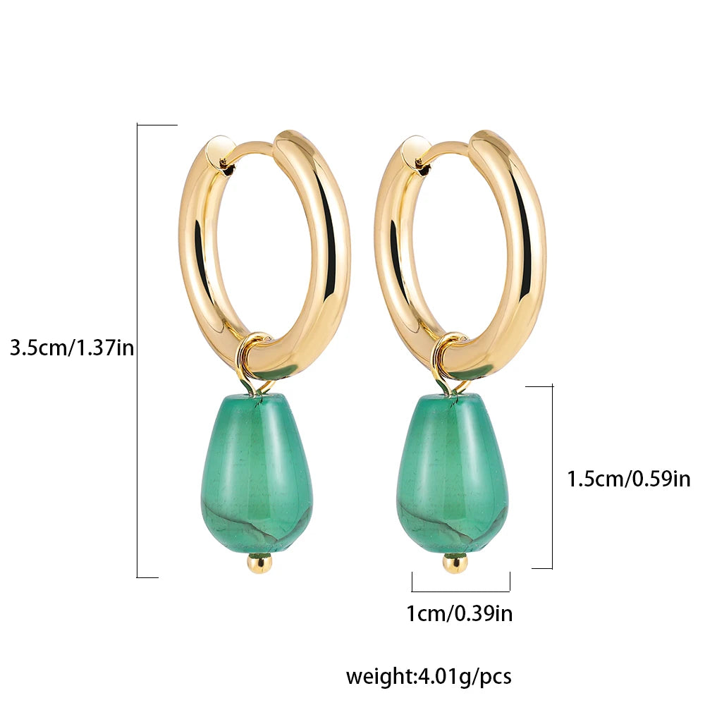 Golden plated Stainless Steel Circle Huggie Earring with Teardrop Green Natural Stone Hoop Earrings for Women Jewelry Wholesale