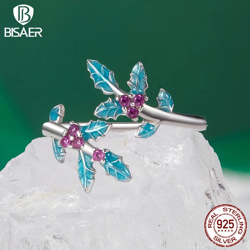 BISAER 925 Sterling Silver Exquisite Holly Open Ring Adjustable Size 5-9 Band Plated White Gold for Women Party Fine Jewelry