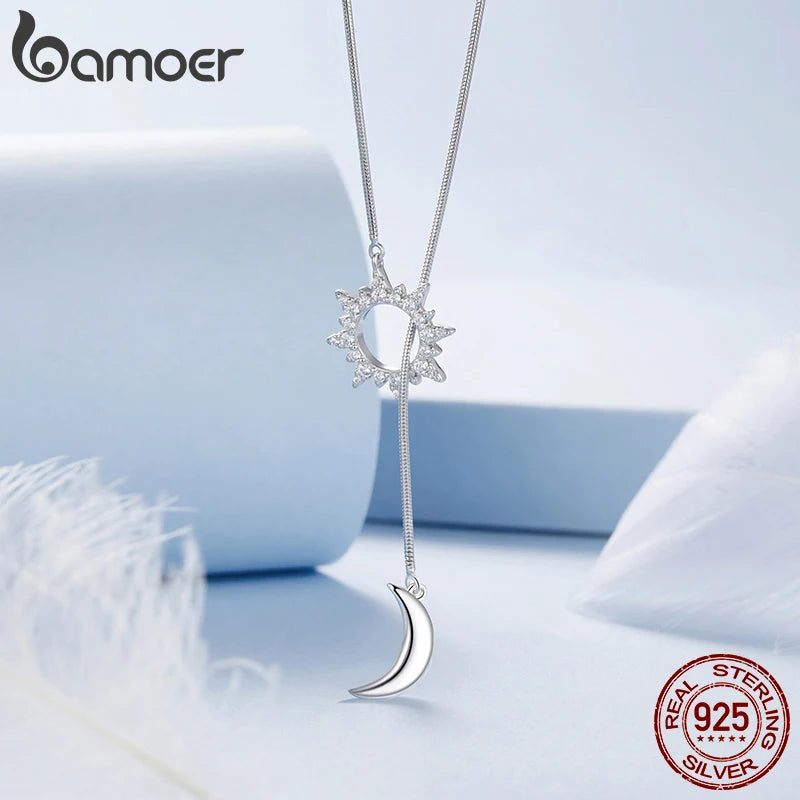 Collier en Y plaqué or blanc BAMOER Soleil et Lune, collier en argent sterling 925 de haute qualité pour femme, cadeau de Noël