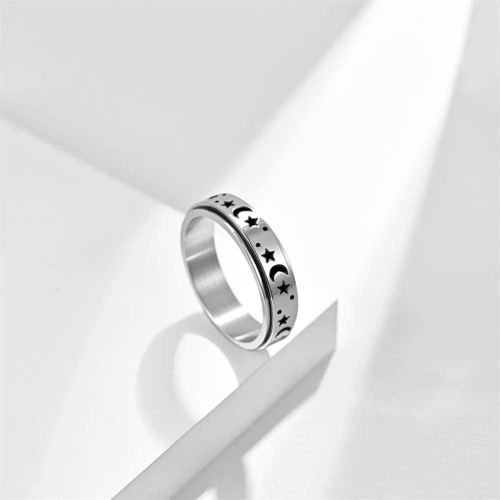 MKENDN Stylish Titanium Spinner Ring with Moon And Star Design Rotatable Durable Stainless Steel Ring For Men Gifts