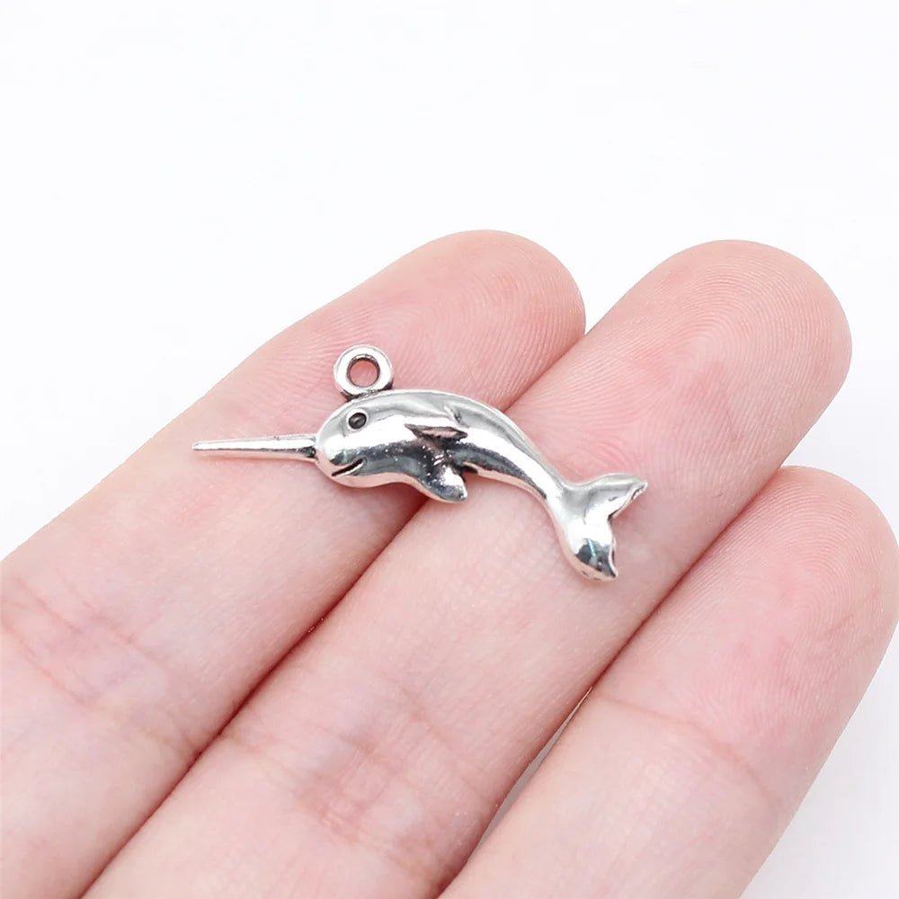 20pcs/lot 17x27mm Narwhal Charms For Jewelry Making Antique Silver Color 0.67x1.06inch