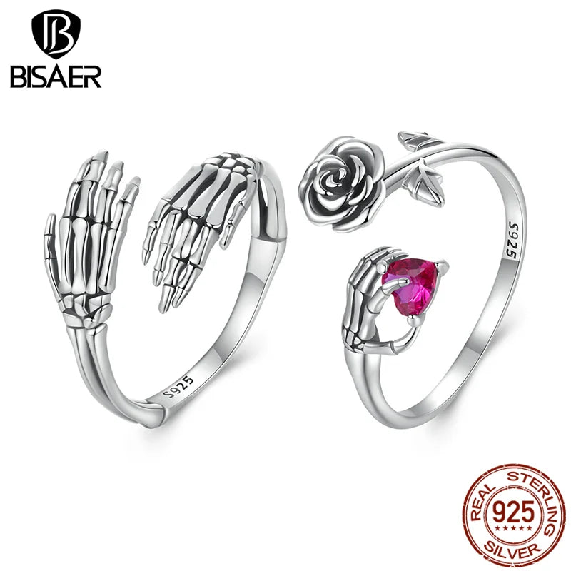 BISAER Real 925 Sterling Silver Vintage Rose Skeleton Hand Open Ring Hug Hand Band Adjustable Size for Women Party Fine Jewelry