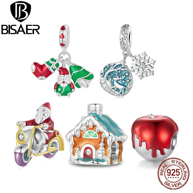 BISAER 100% 925 Sterling Silver Luminous Christmas Charm Bead Santa Claus Elk Pendant For Women DIY Bracelet Fine Jewelry Gift