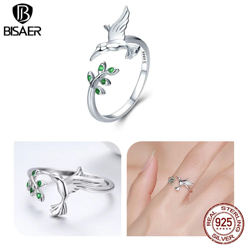 BISAER 925 Sterling Silver Hummingbird Open Ring Size 5-9 Mint Green CZ Cute Bird Band Plated Platinum for Women Fine Jewelry