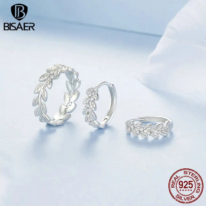 BISAER 925 Sterling Silver Leaves Open Ring Simple Leaves Hoop Earrings Plated White Gold for Women Party Fine Jewelry Set Gift