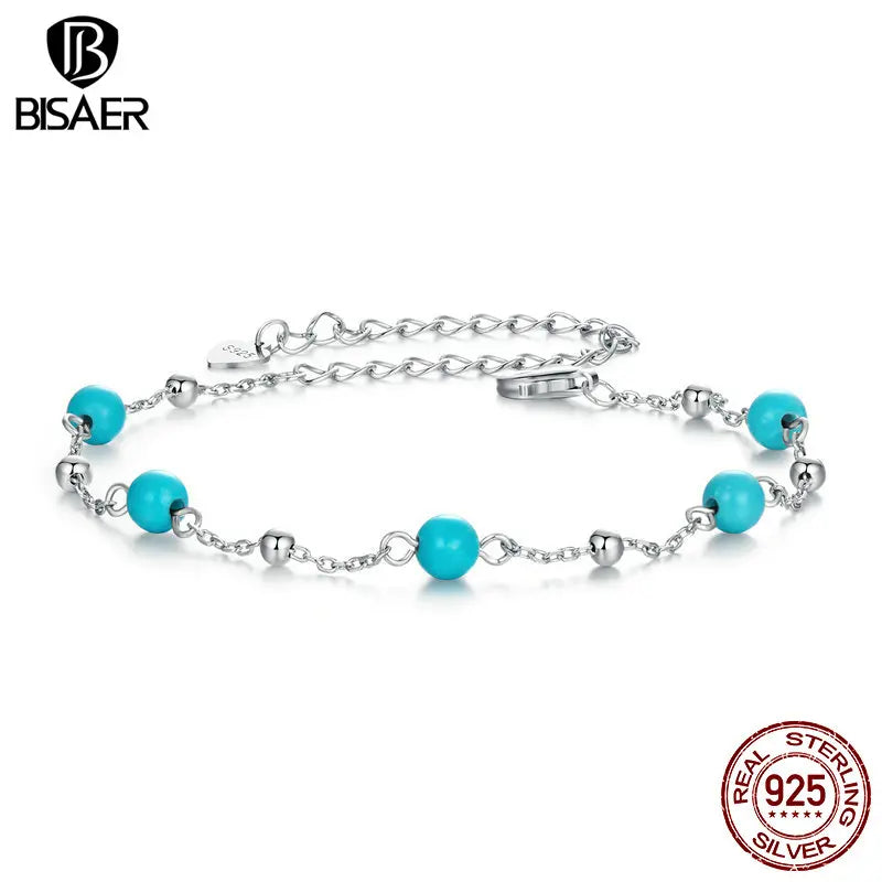 Bracelet BISAER en argent sterling 925 avec turquoise et perles rondes réglables, chaîne plaquée or blanc pour femme, bijoux fins de fête, cadeau