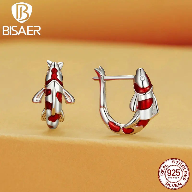 BISAER 100% 925 Sterling Silver Koi Carp Jewelry Set Earrings Adjustable Ring Plated Platinum For Lucky Women Fine Jewelry Gift