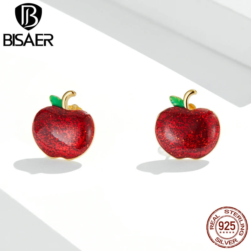 BISAER Real 925 Sterling Silver Christmas Apple Stud Earrings Enamel Process Stud Ear For Women Party Fine Jewelry Holiday Gift