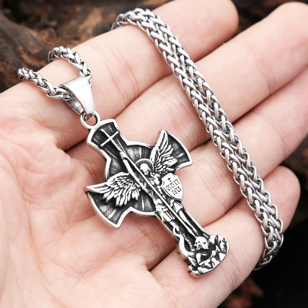 New Vintage St. Michael Archangel Pendant Necklace Stainless Steel Angel Wings Cross Necklaces For Men Women Religious Jewelry