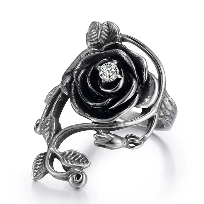 Fashion Rose Flower Ring With Rhinestone Stainless Steel Charm Personality Rose Jewelry For Women SYR0007A