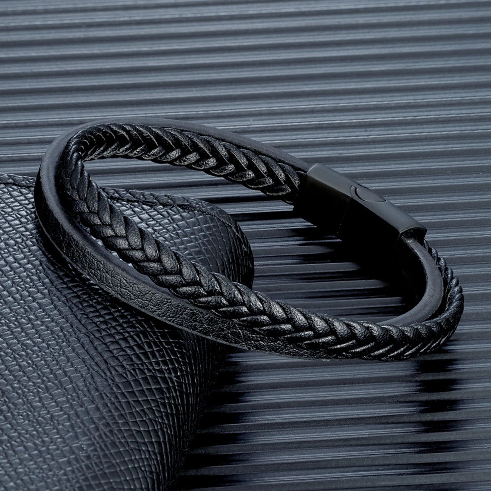 MKENDN Minimalist Men Double Strand Woven Leather Bracelet Matte Black Stainless Steel Buckle Accessories Handmade Jewelry Gifts