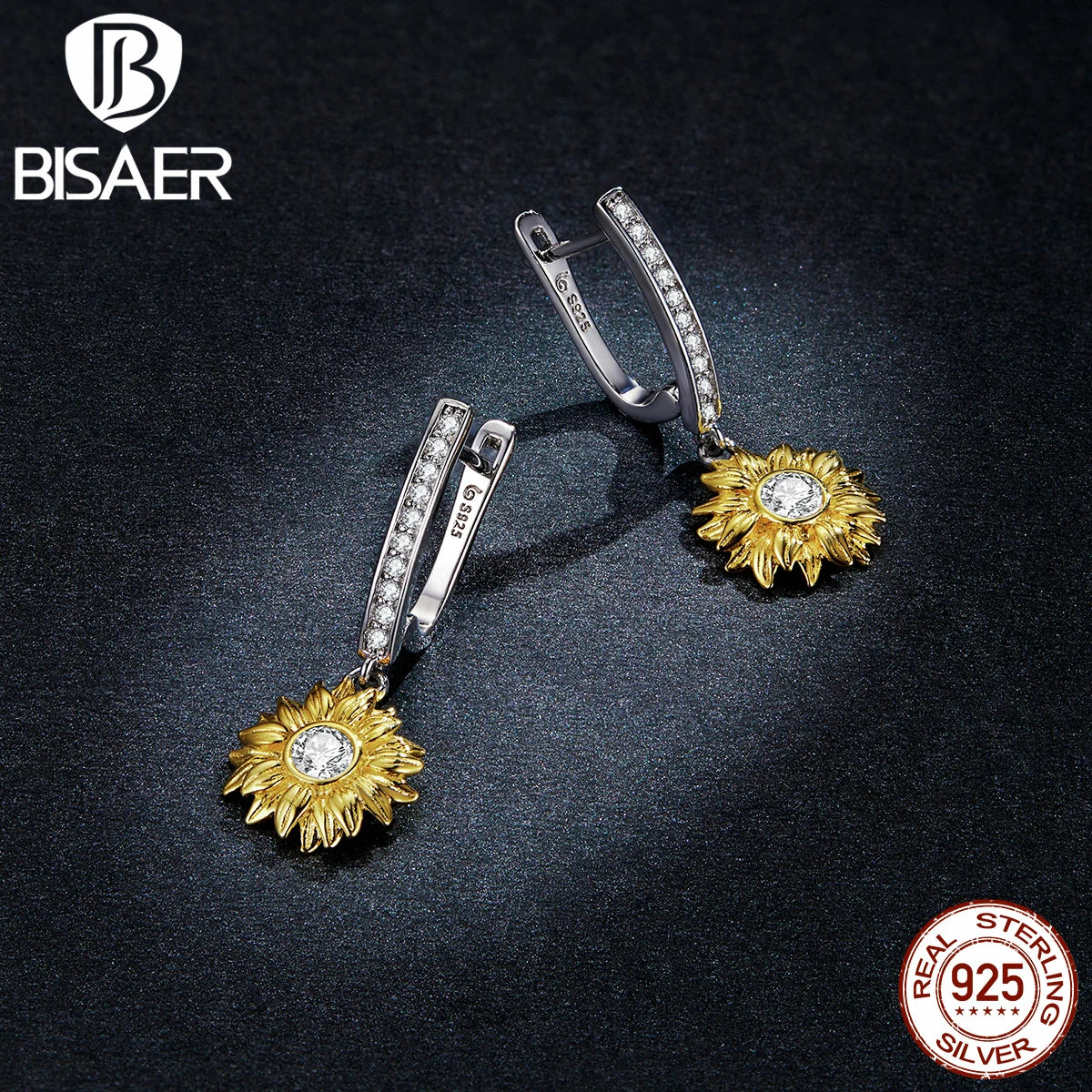 BISAER 925 Sterling Silver Sunflower Jewelry Set Plated 14k Gold Color Lucky Necklace Earring Gift for Women Fine Jewelry Gift