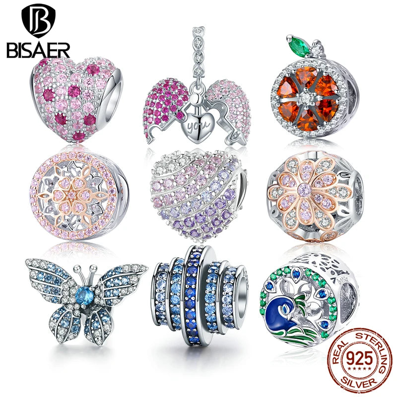 BISAER - Colgante de llavero con forma de corazón con diseño de flor de póquer de la suerte y abalorio de degradado de circonita de plata esterlina 925 para pulsera DIY original